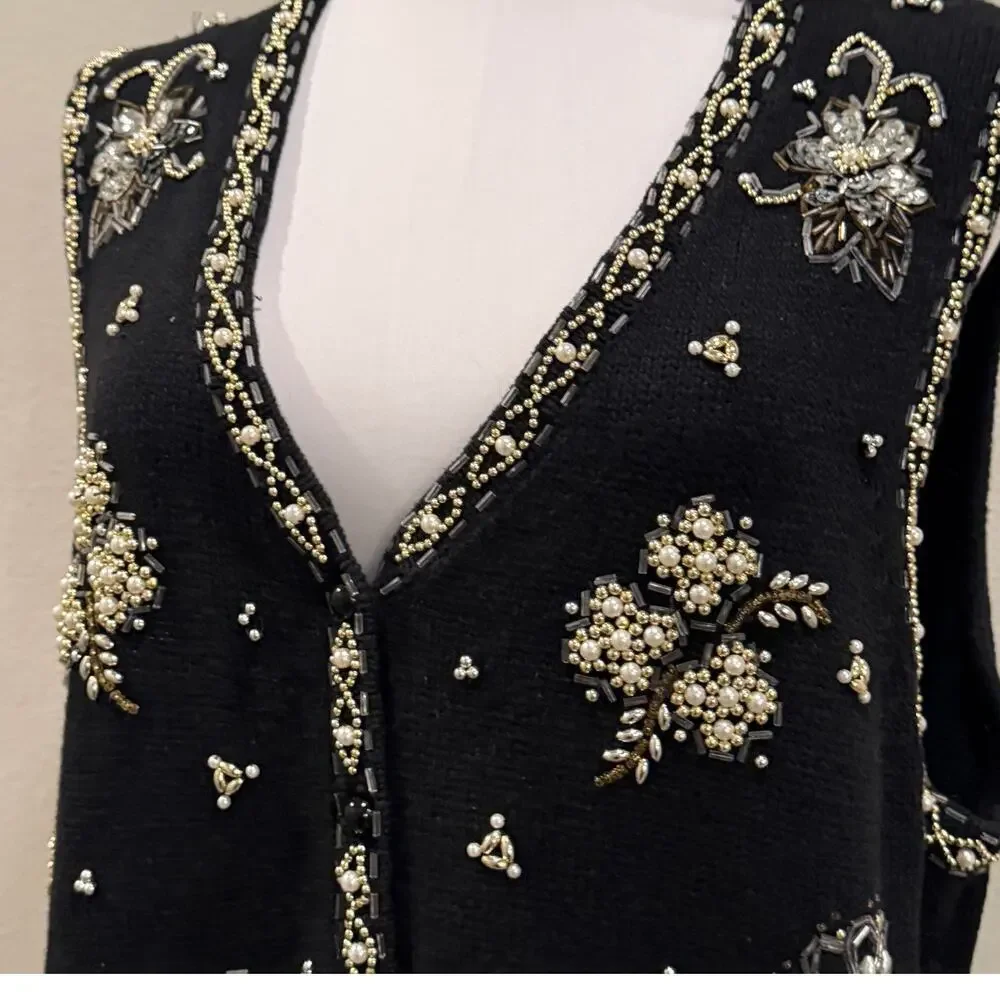 Vintage Yarnworks Beaded Pearl Embellished Ramie Cotton Vest Large Statement